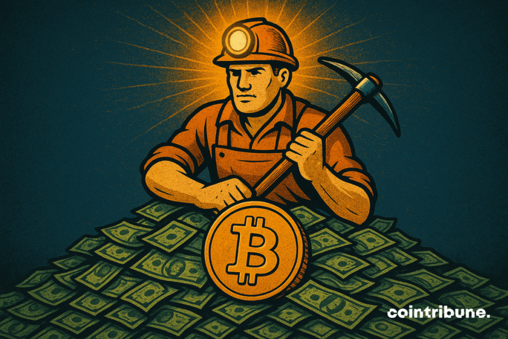 Illustration d'un mineur de Bitcoin déterminé tenant une pioche, assis sur une pile de billets d'un dollar avec un symbole Bitcoin lumineux, représentant les gains financiers provenant de l'extraction de cryptomonnaie et de la collecte de fonds.