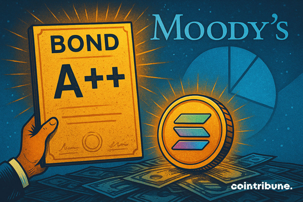 Ilustração de um título com classificação A++ da Moody's ao lado de uma moeda Solana brilhante em uma pilha de notas de dólar, representando classificações de crédito on-chain.