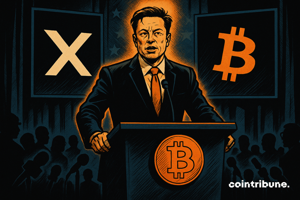 Elon Musk stands at a podium with glowing Bitcoin X logos, addressing a silhouetted press crowd under dramatic orange lighting.