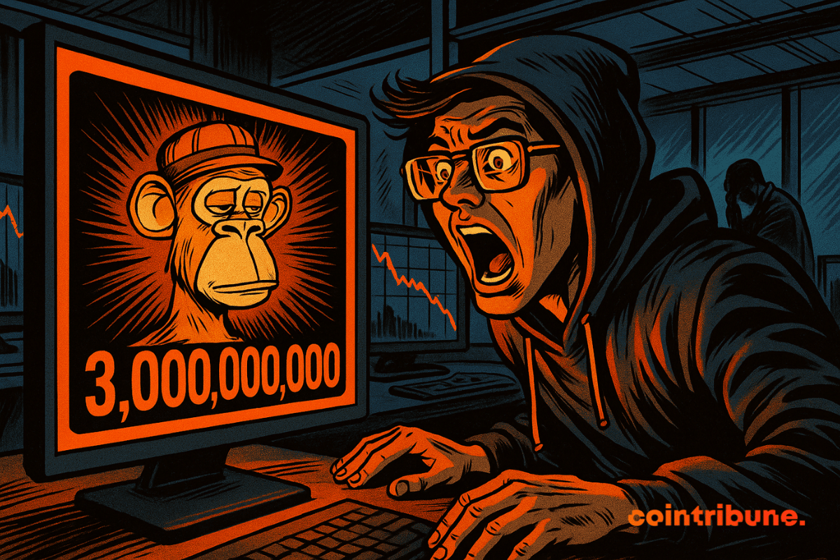 Un jeune trader crypto en sweat à capuche, stupéfait, fixe un écran affichant un NFT de singe et le chiffre “3 000 000 000”.