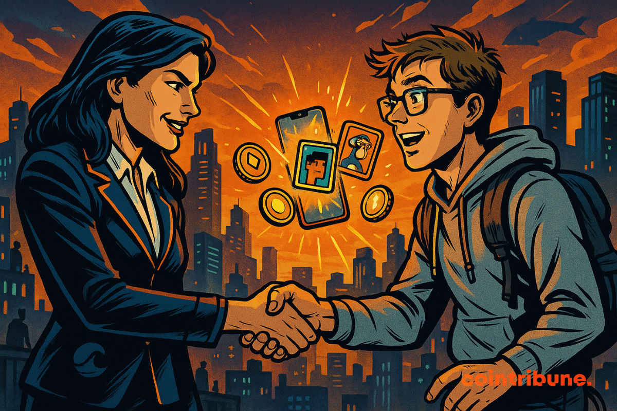 Una empresaria y un joven se dan la mano mientras NFT, monedas y un teléfono inteligente flotan entre ellos con una ciudad como telón de fondo.