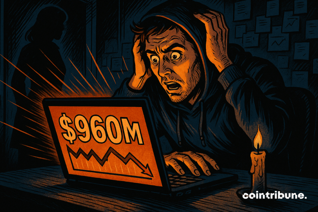 Shocked man in hoodie staring at "0M" PUMP token loss on laptop.