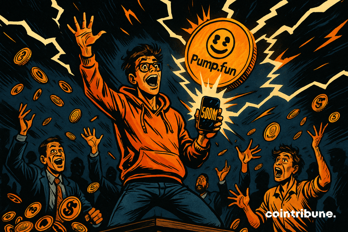 A euphoric young investor brandishes his phone displaying “500M”, surrounded by lightning bolts, flying tokens and overexcited crowds.
