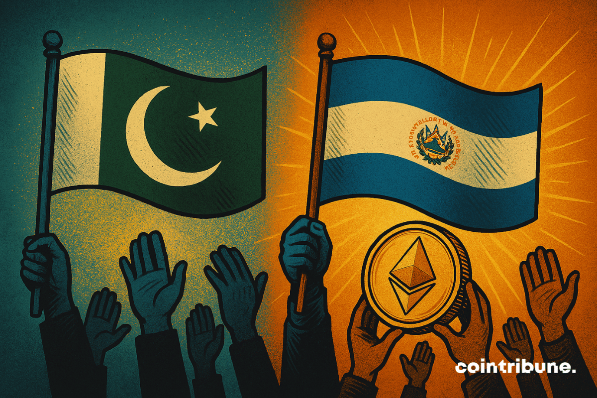Illustration of Pakistan and El Salvador flags held by raised hands, symbolizing their new crypto collaboration, with an Ethereum coin glowing in the center.