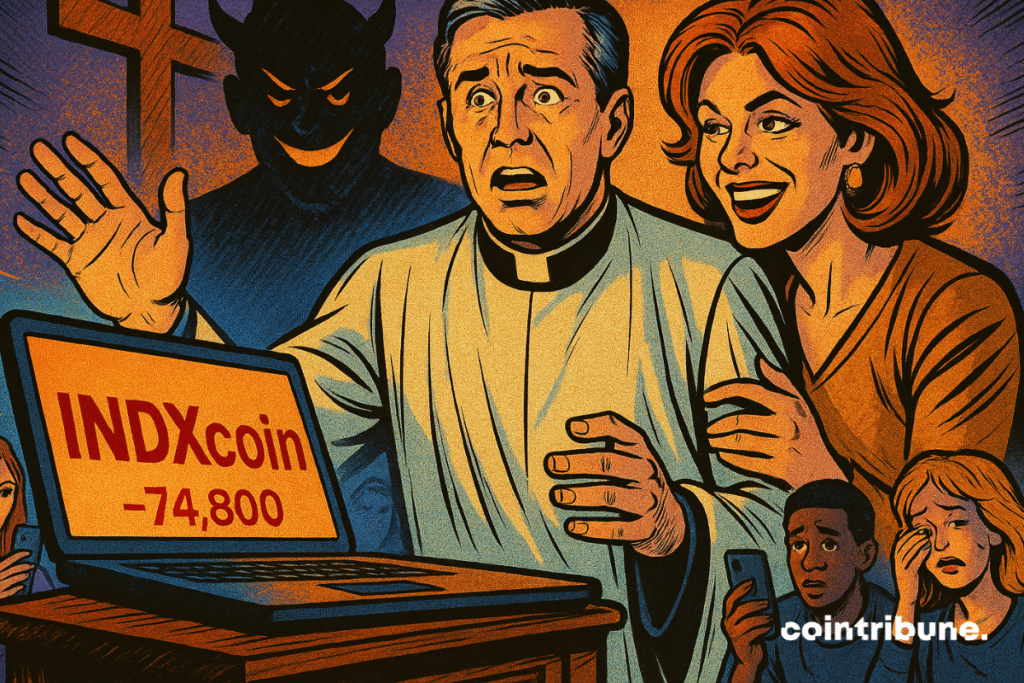 Pastor shocked by crypto loss on laptop as wife smiles and followers react.