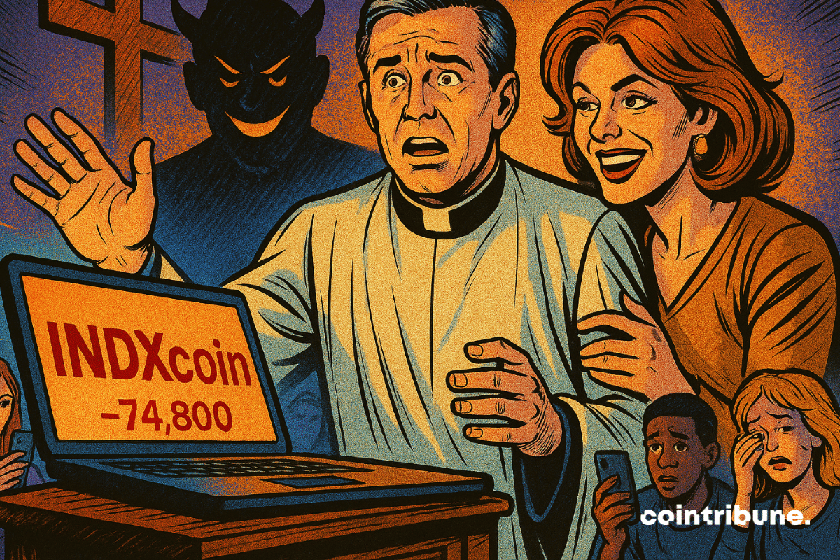 Pastor shocked by crypto loss on laptop as wife smiles and followers react.