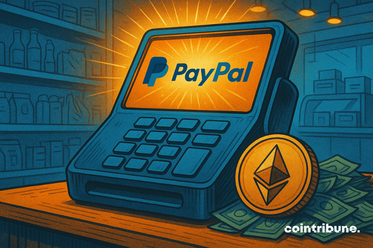 A point-of-sale terminal with the PayPal logo glowing on the screen, next to a gold Ethereum coin and stacks of dollar bills, symbolizing crypto payments in retail.
