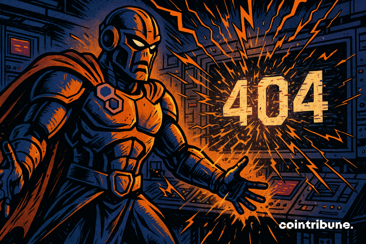 Robotic figure in front of a 404 screen, symbolizing Polygon's Heimdall V2 crash.