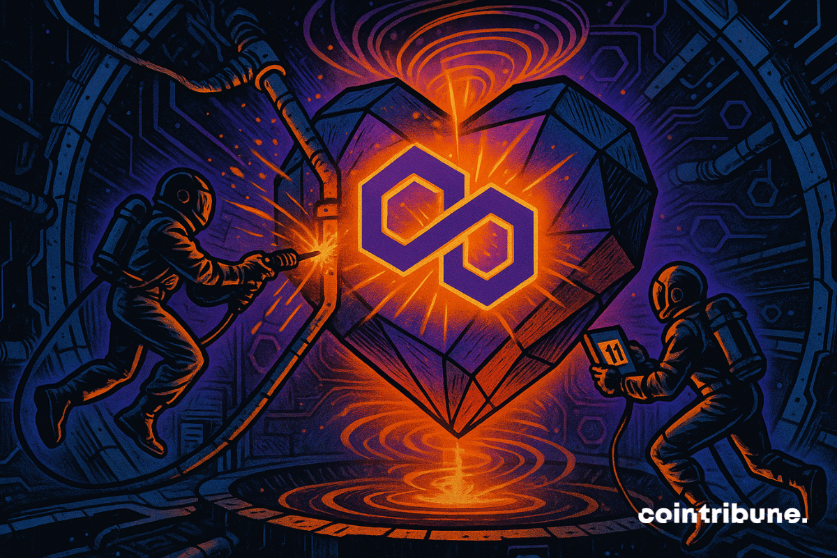 Two futuristic technicians from the crypto ecosystem, suspended by cables or magnetic thrusters, styled like cosmonauts of the future. Hovering in front of the core, one inserts a hexagonal module while the other performs laser welding on a glowing conduit. A massive, floating digital core made of polygonal geometric segments, at the center of which radiates a violet-orange Polygon logo, pulsing like a beating heart.