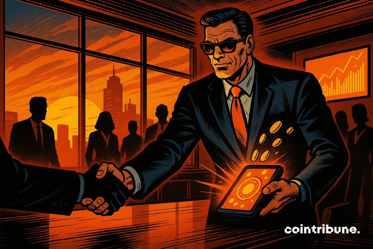 A sharply dressed man in a black suit and orange tie shakes hands in a boardroom, holding a glowing crypto tablet with floating tokens, against an orange sunset skyline.