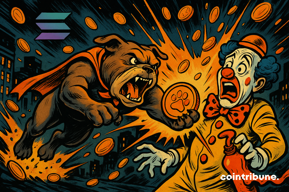 A muscular bulldog wearing a cape leaps through a dark city street, holding a glowing orange coin, as it charges at a terrified clown holding a red pump bottle.