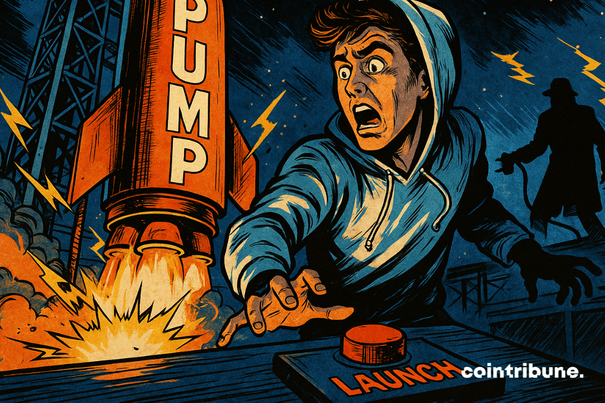 Comic-style image of a man launching Pump.fun’s PUMP rocket as a shadowy figure secretly unplugs it.
