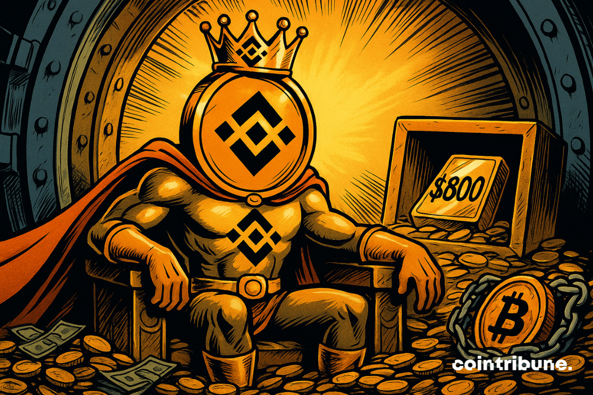 Le BNB couronné trône dans un coffre-fort, entouré d’or, dominant un Bitcoin enchaîné, sous lumière orange dramatique.