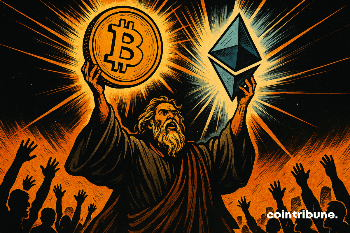 Un prophète iconique brandit les symboles lumineux du Bitcoin et de l’Ethereum, acclamé par une foule émerveillée et exaltée.