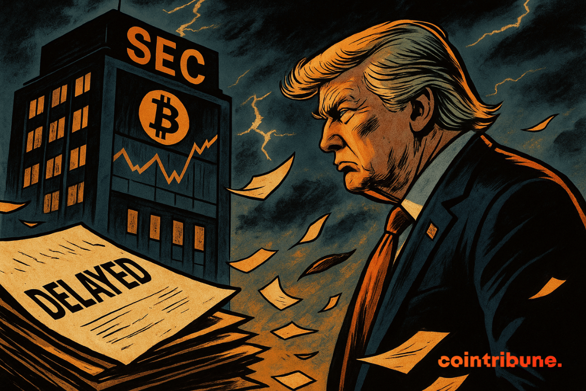 Trump de pie frente al edificio de la SEC, una tormenta sopla papeles marcados «DELAYED» con un gráfico de Bitcoin.
