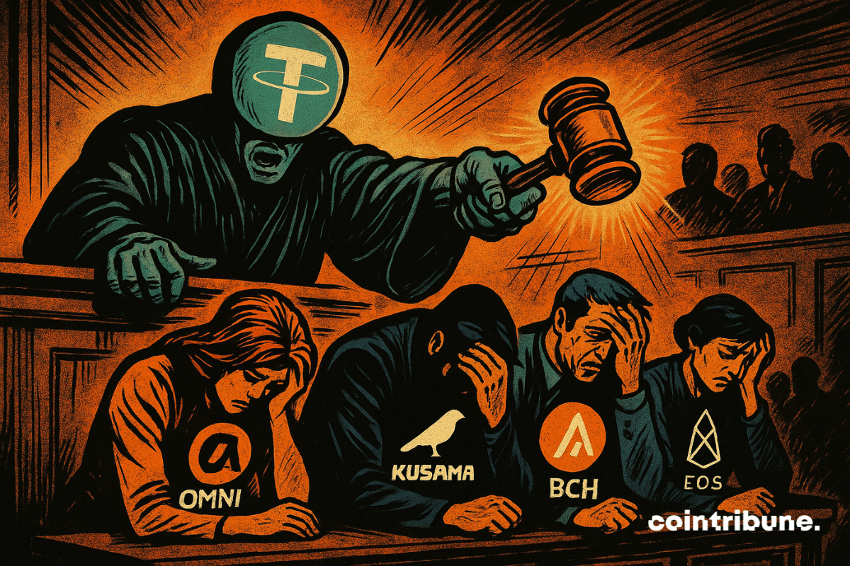 Tether juge cinq blockchains personnifiées, accablées, avec leurs logos. Ambiance dramatique, lumière orange, tension et rupture imminente.