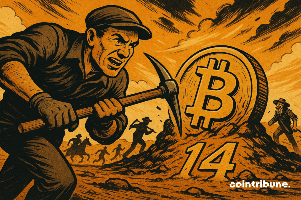 Bitcoin rush in an orange desert, determined miners running towards a giant coin marked "14", dynamic western atmosphere.