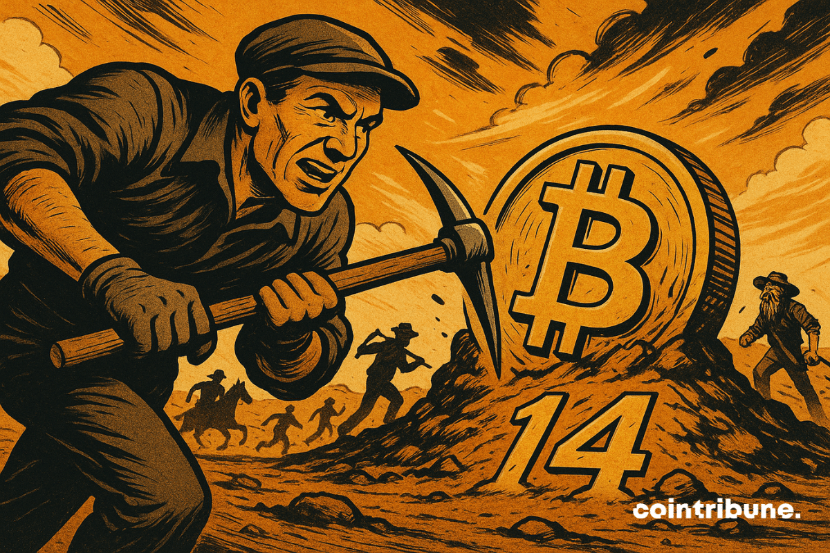 Ruée vers le Bitcoin dans un désert orangé, mineurs déterminés courant vers une pièce géante marquée "14", ambiance western dynamique.