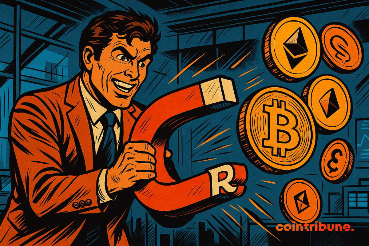 A man in an orange suit, smiling intensely, attracts cryptocurrency coins (Bitcoin, Ethereum).
