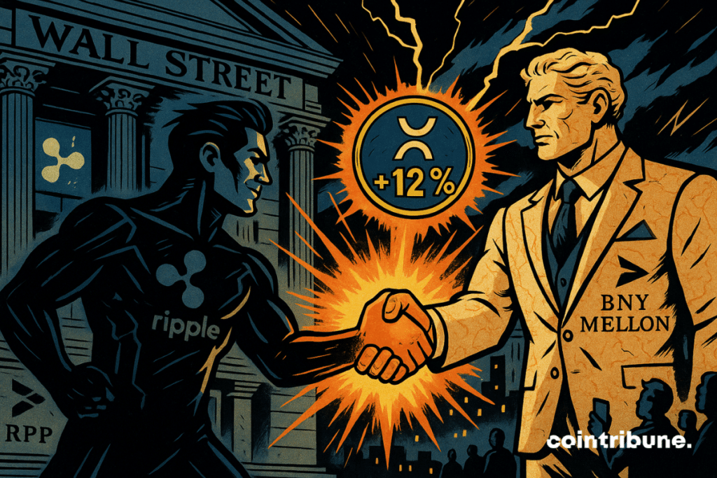 A titanic handshake between the representative of Ripple and that of BNY Mellon on Wall Street, symbolizing the strategic partnership behind the explosive rise of the XRP crypto.