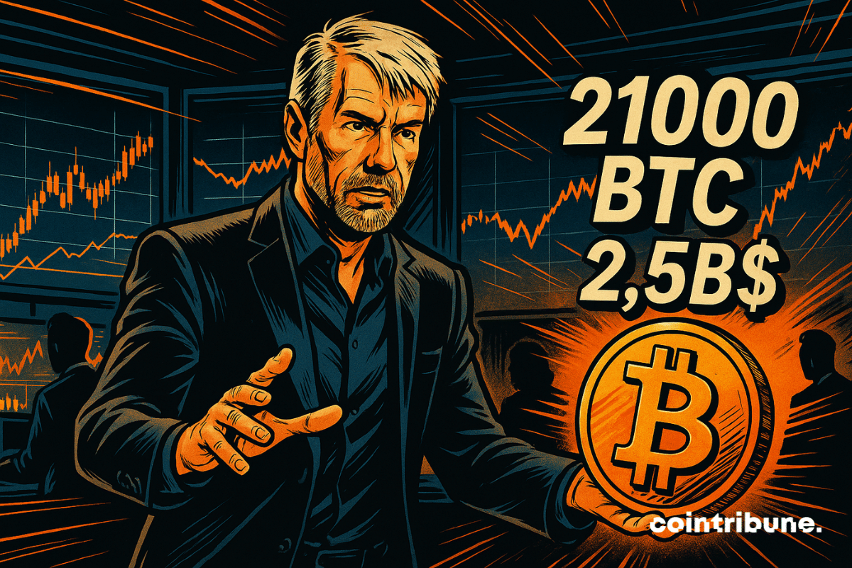 Michael Saylor, de terno, segura um bitcoin flutuante, com gráficos de ações, números "21000 BTC" e ".5B".