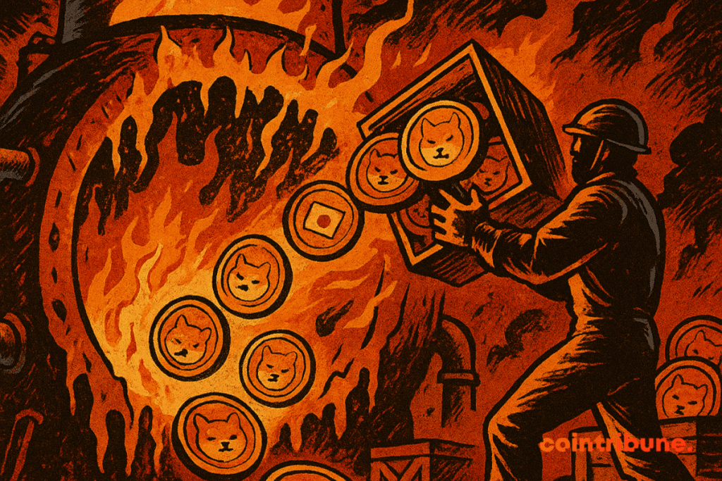 Worker throws SHIB coins into a blazing furnace as flames consume them in a fiery crypto burn scene.