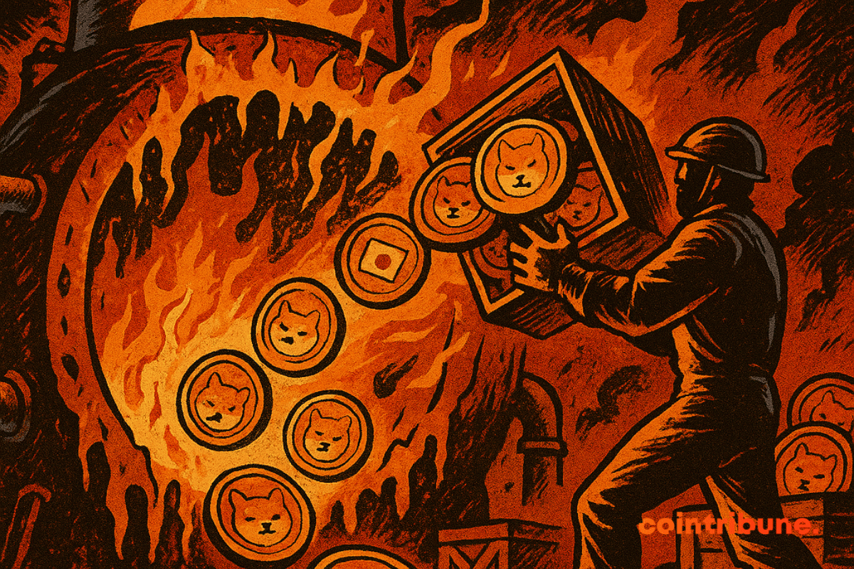 Worker throws SHIB coins into a blazing furnace as flames consume them in a fiery crypto burn scene.