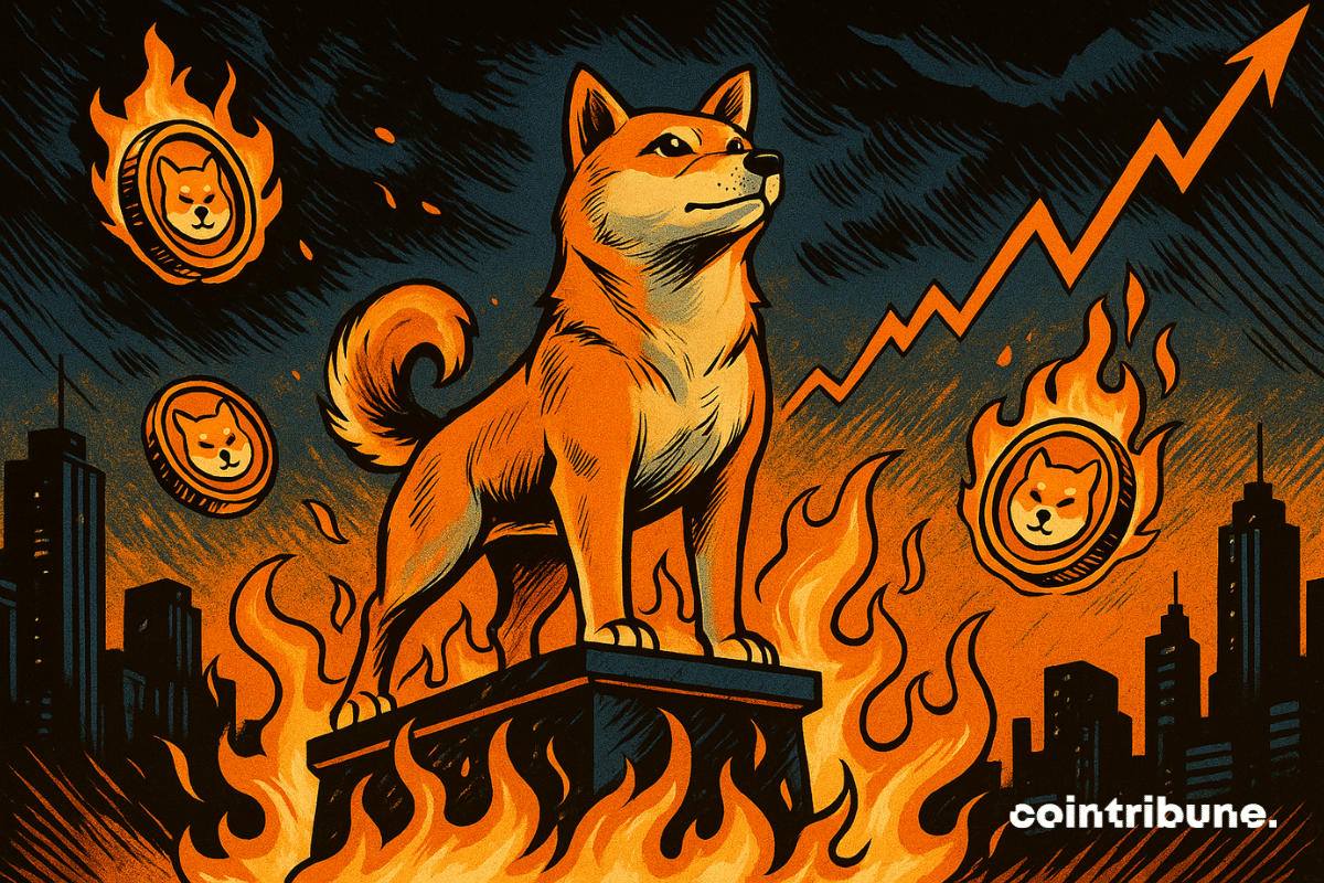 Um Shiba Inu heroico em um pedestal em chamas, cercado por tokens flutuantes, com uma curva ascendente ao fundo.