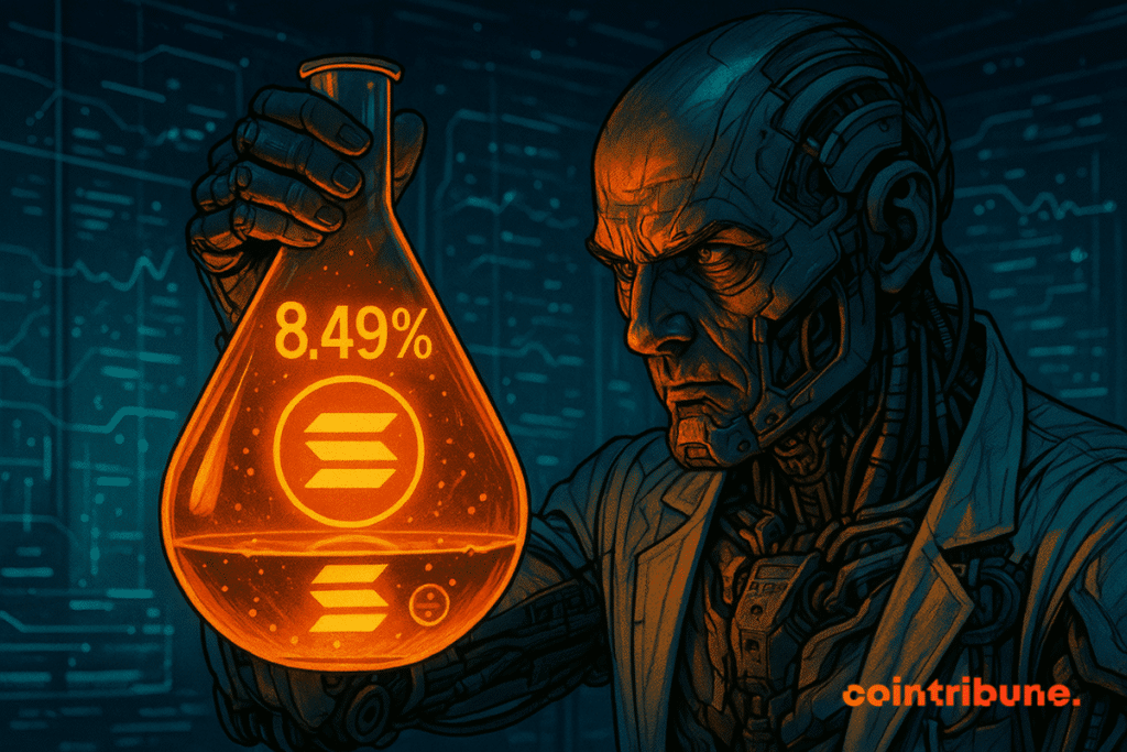 Scientifique cyborg analyse une fiole orange brillante avec logo Solana et “8.49%”. Laboratoire futuriste, ambiance techno, contraste saisissant.