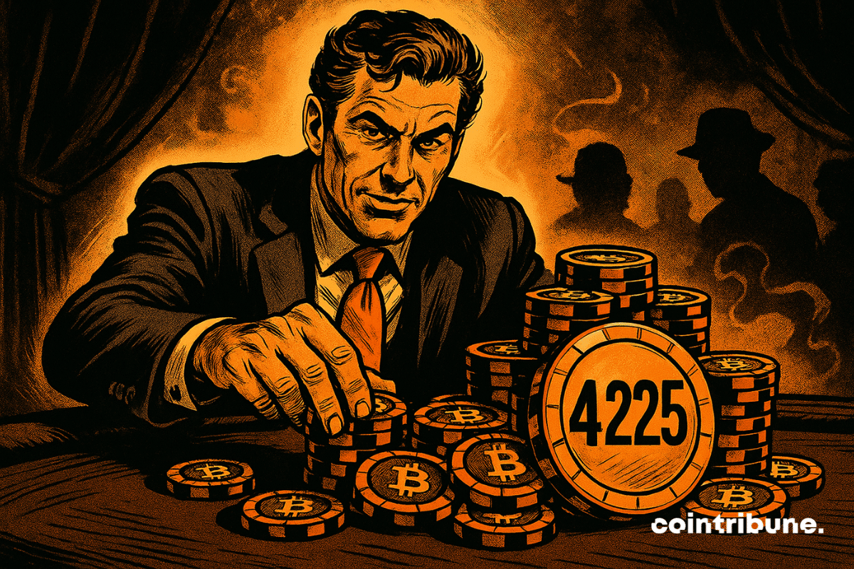 Un stratège tendu mise des jetons Bitcoin sur une table de poker, sous une lumière orange, ambiance mystérieuse et fumée.