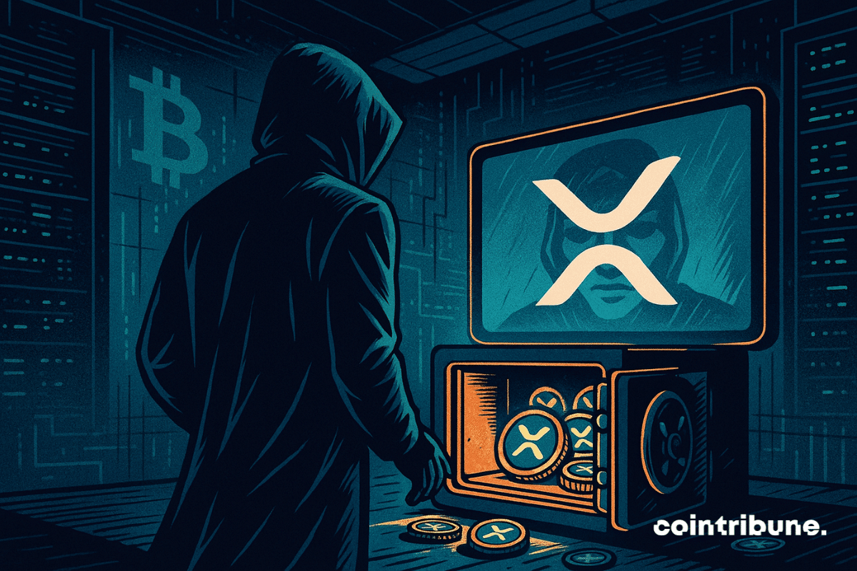 Um personagem do ecossistema cripto representando Satoshi Nakamoto, vestindo um moletom preto, visto de costas, sem traços visíveis. Ele está em frente a um cofre digital aberto, em profunda contemplação. Dentro do cofre, há tokens XRP estilizados, brilhantes e claramente visíveis. Uma tela curva exibe o reflexo desfocado de um rosto indistinguível com o logotipo XRP brilhante.