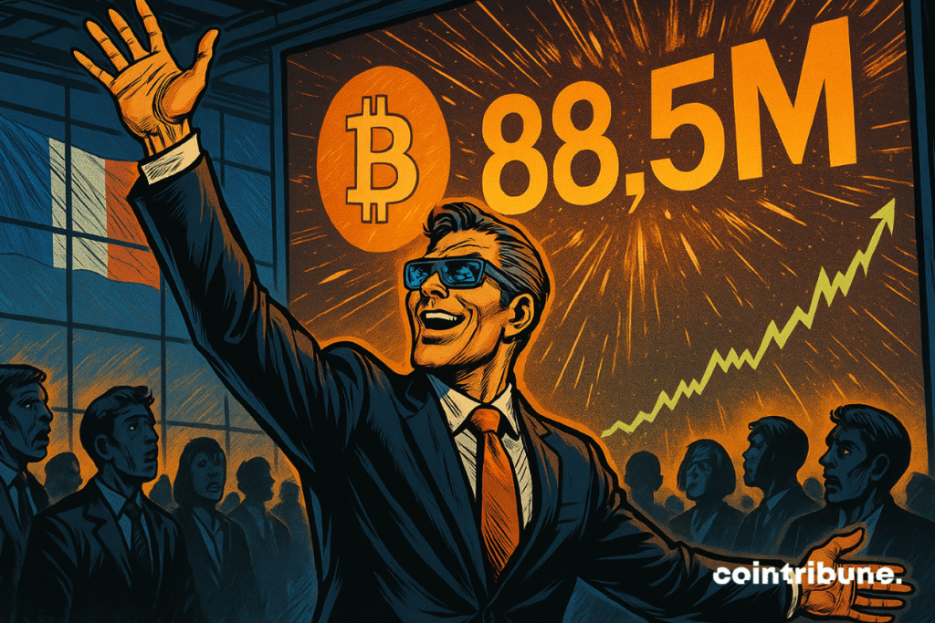 CEO com óculos inteligentes aponta para uma tela gigante mostrando “88,5M” e um logotipo do Bitcoin.