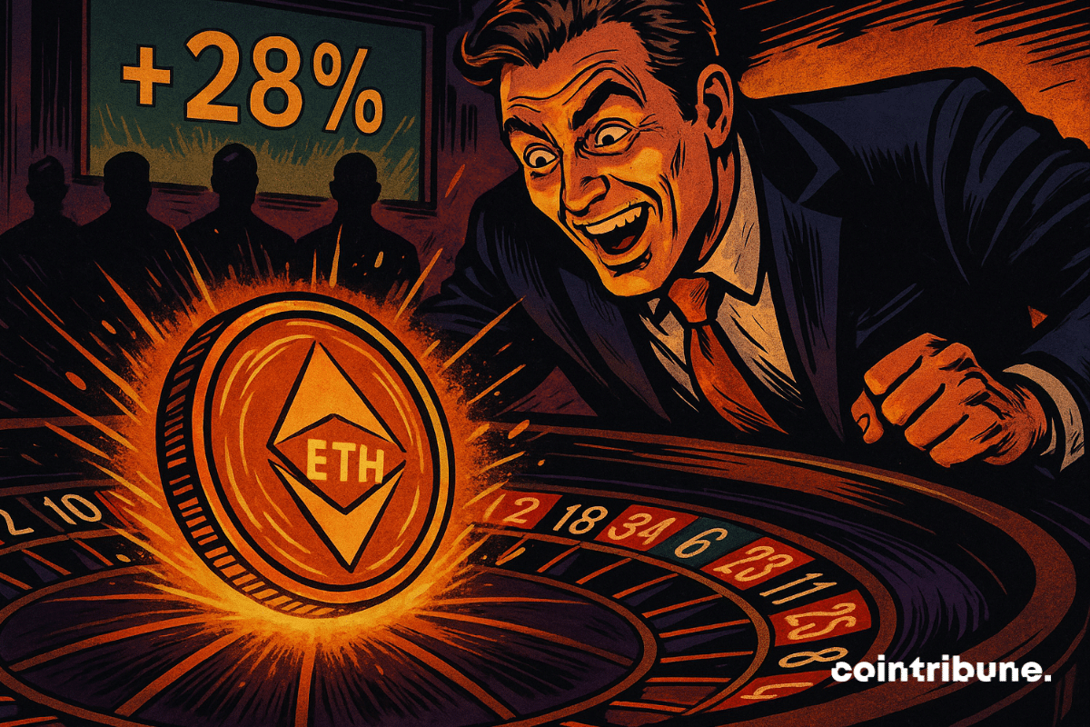 SharpLink throws an Ethereum coin onto a roulette table in a 70s-styled crypto casino scene.