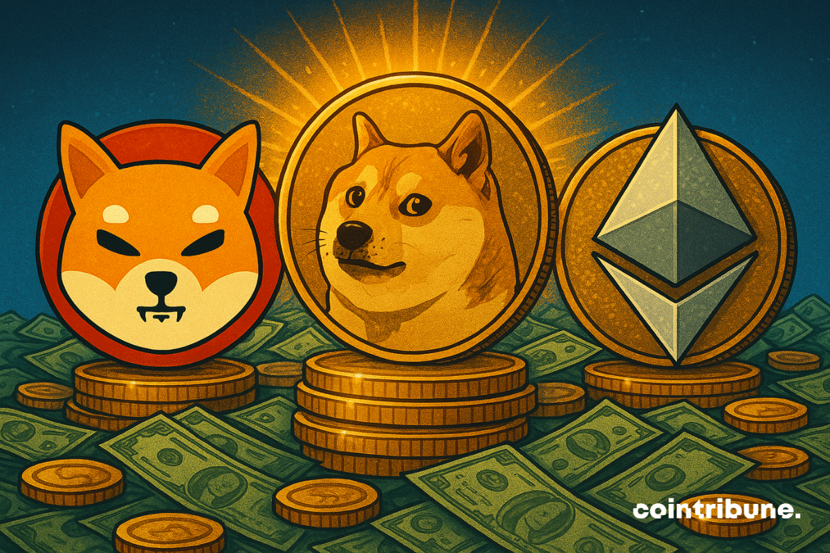 Ilustración de monedas Shiba Inu, Dogecoin y Ethereum que surgen de pilas de dinero, lo que simboliza posibles movimientos de ruptura en los mercados de criptomonedas.