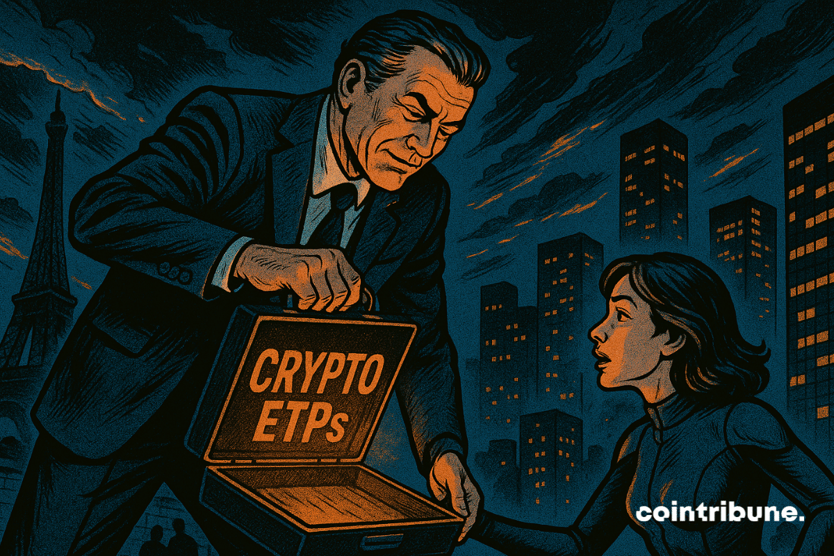 Un homme d’affaires tend une mallette lumineuse marquée « CRYPTO ETPs » à une femme surprise, sur fond de skyline parisienne avec la tour Eiffel.