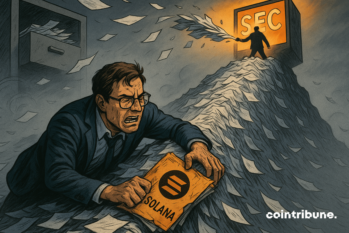 Man climbs paper mountain with Solana folder as SEC figure drops more documents.