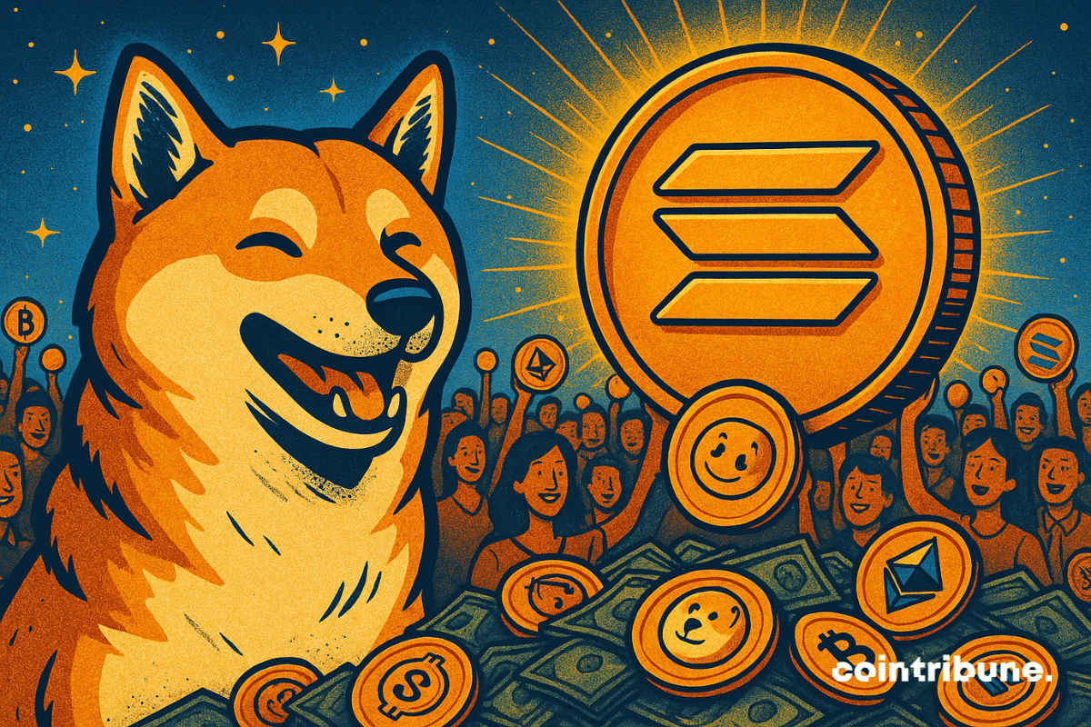 Cartoon-style image of a cheerful Shiba Inu next to a glowing Solana coin, surrounded by meme coins and enthusiastic crowds holding up crypto tokens like Bitcoin and Ethereum.