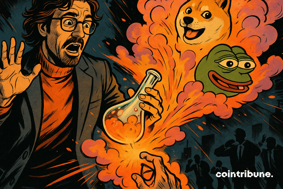 A comic-style scientist drops flask; meme coins emerge in orange-pink smoke, traders panic behind.