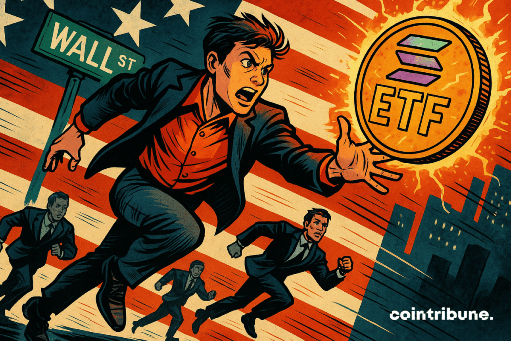 A young investor leaps toward a glowing Solana ETF coin as others race behind him.
