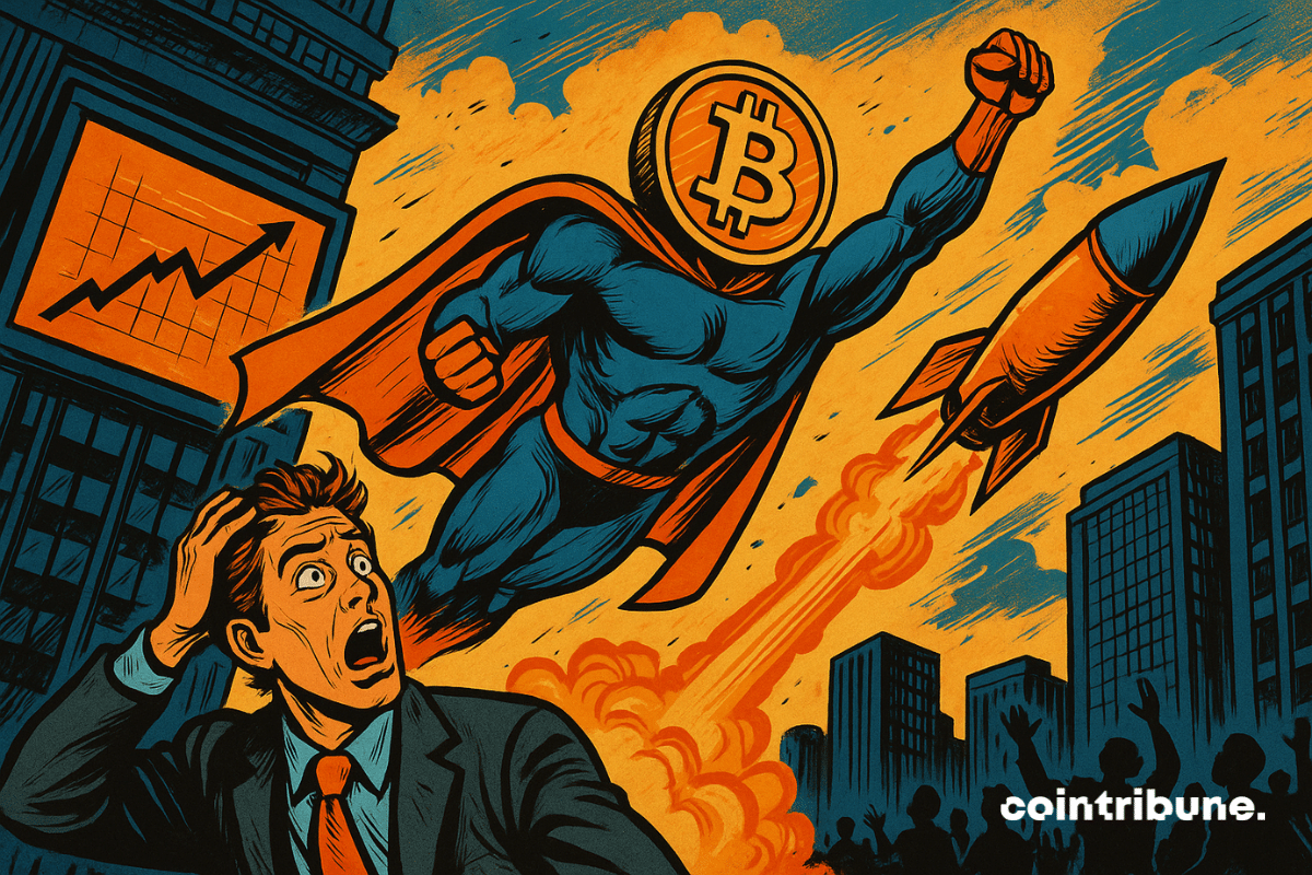 L’image montre un super-héros à tête de Bitcoin s’envolant dans le ciel tel une fusée, symbole de l’explosion des marchés.