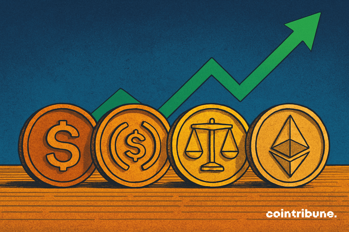 Illustration of four coins, a green upward-trending chart in the background, representing the growth of regulated stablecoins and crypto markets.