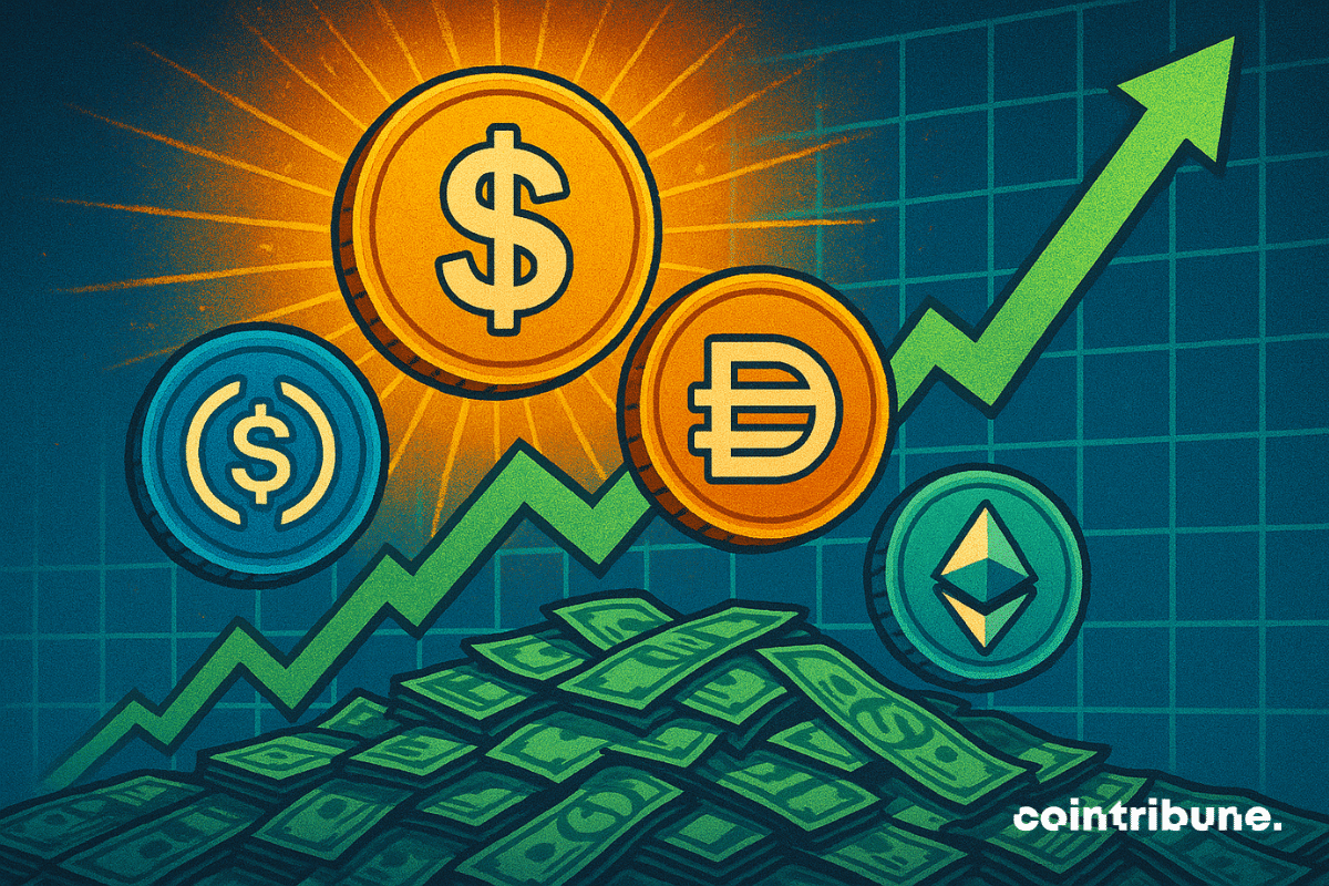 Illustration of stablecoins like USDC and DAI rising in value, with a green upward trend line and a pile of dollar bills, symbolizing a surge in stablecoin supply and adoption.