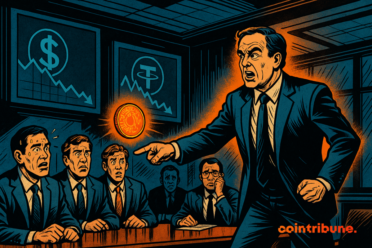 Un homme sévère en costume pointe du doigt une pièce numérique brillante dans une salle de réunion, tandis que des banquiers nerveux regardent et que les graphiques des stablecoins s'effondrent en arrière-plan.
