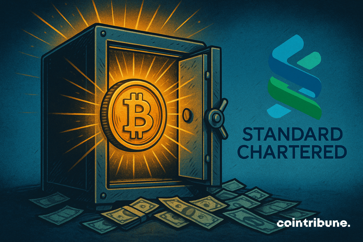 Illustration of a Bitcoin coin glowing inside a vault with the Standard Chartered logo, representing institutional crypto adoption.