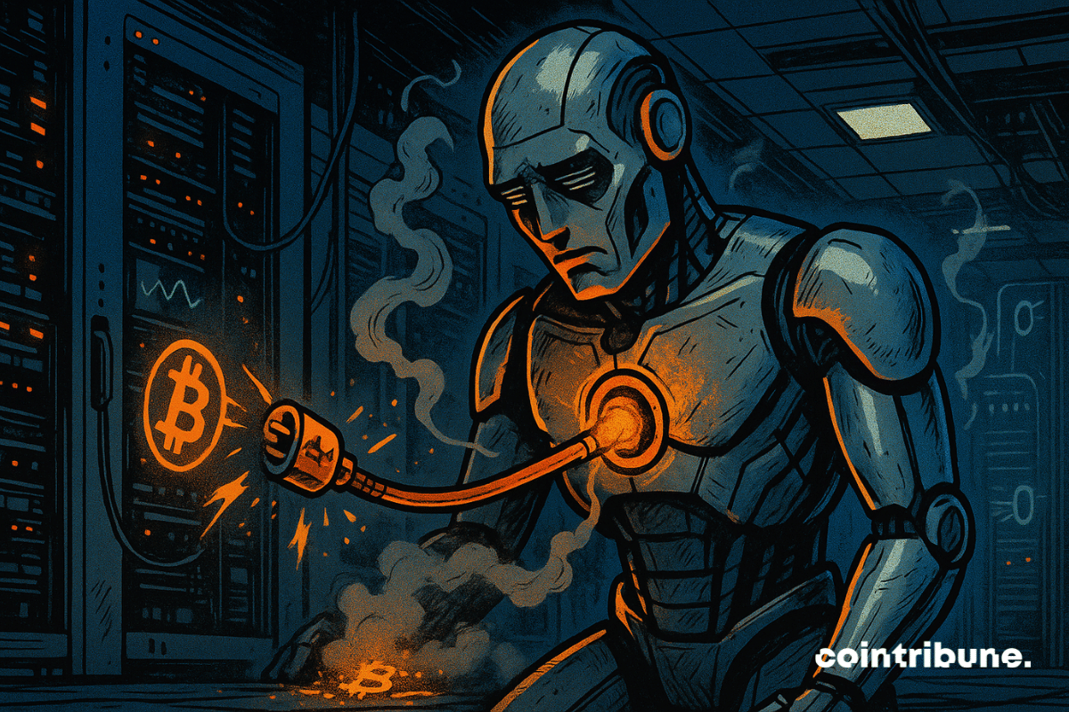 Um robô financeiro personificando a Strategy, desconectado do fluxo do Bitcoin.