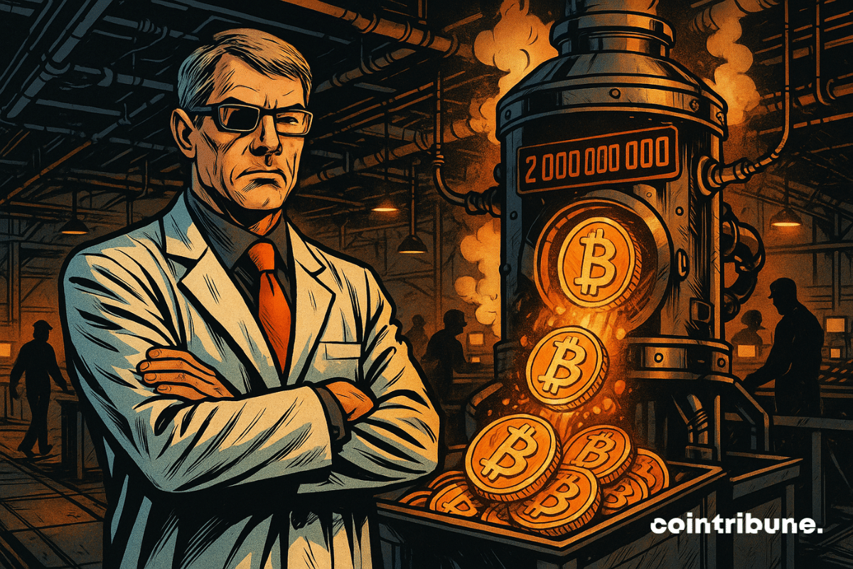 A man in a white lab coat and orange tie, inspired by Michael Saylor, stands with arms crossed in front of an industrial machine minting Bitcoin.