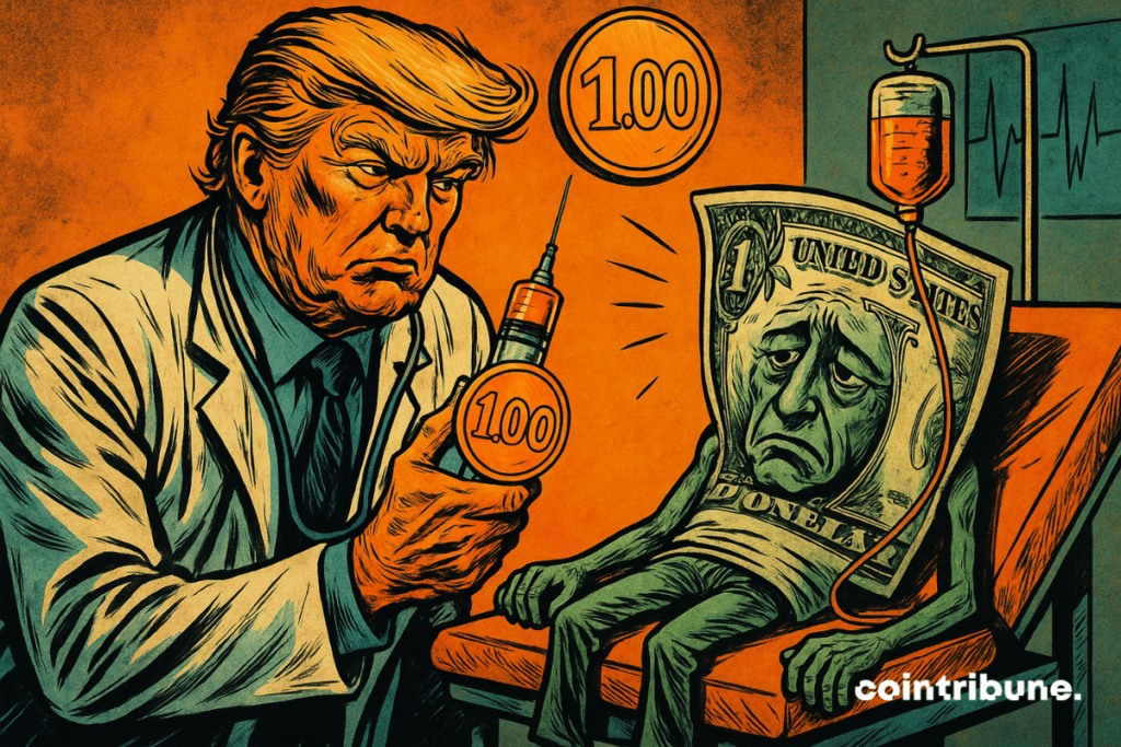 Trump doctor injects a “1.00” stablecoin into a sick dollar, lying on an orange table, dramatic 70s ambience.
