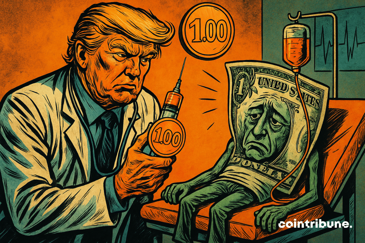 Trump médecin injecte un stablecoin "1.00" à un dollar malade, allongé sur une table orange, ambiance dramatique années 70.