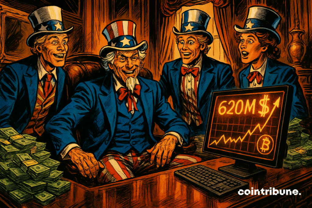 Illustration audacieuse : bureau luxueux, Uncle Sam souriant devant écran crypto. Richesse, patriotisme, lumière orange, succès éclatant;