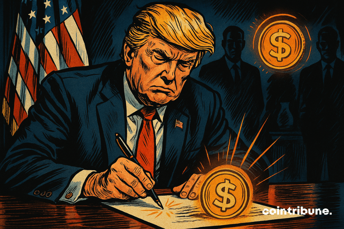 Trump signe un document officiel, visage concentré, sous une lumière dramatique. Une pièce stablecoin orange brille intensément devant lui.